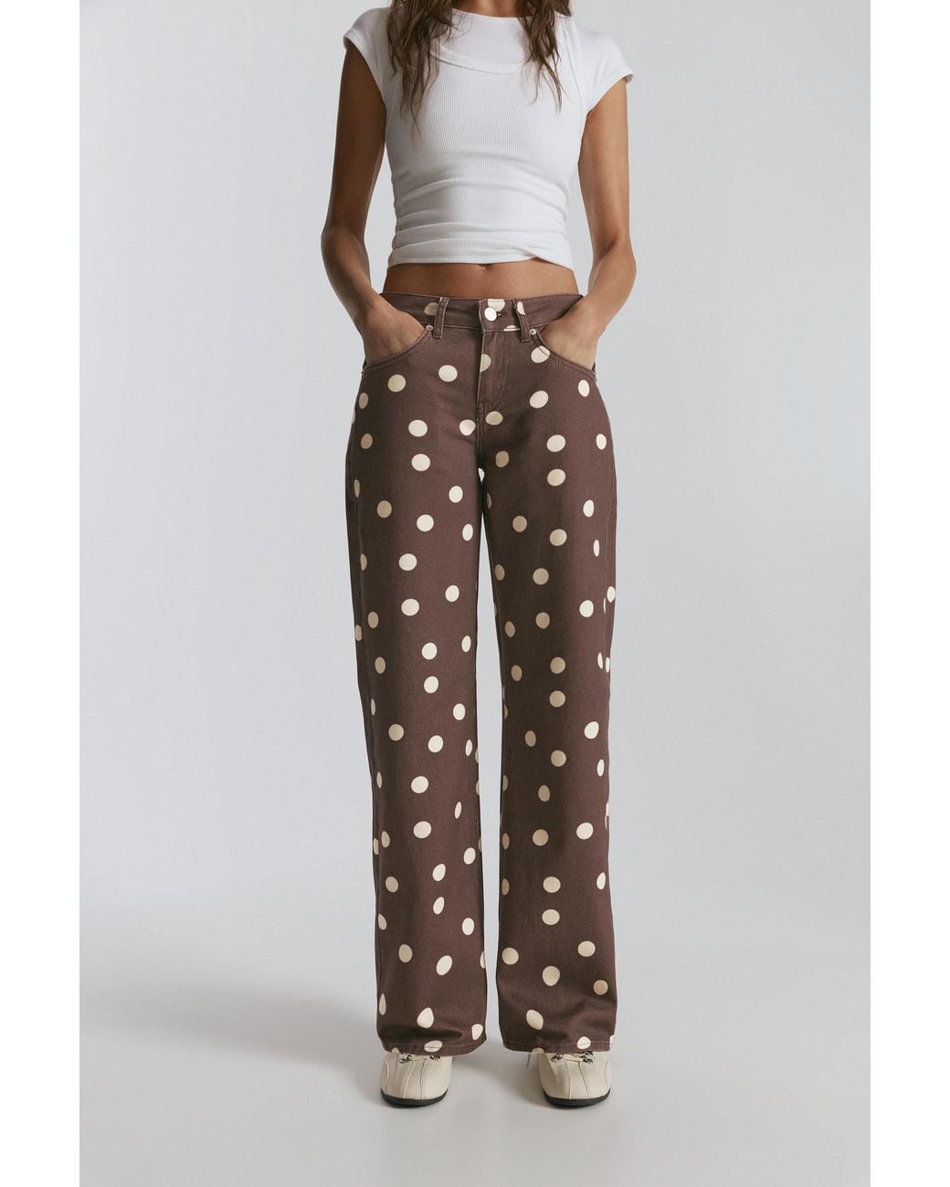 Pull&Bear Brown Straight-Leg Polka Dot Jeans