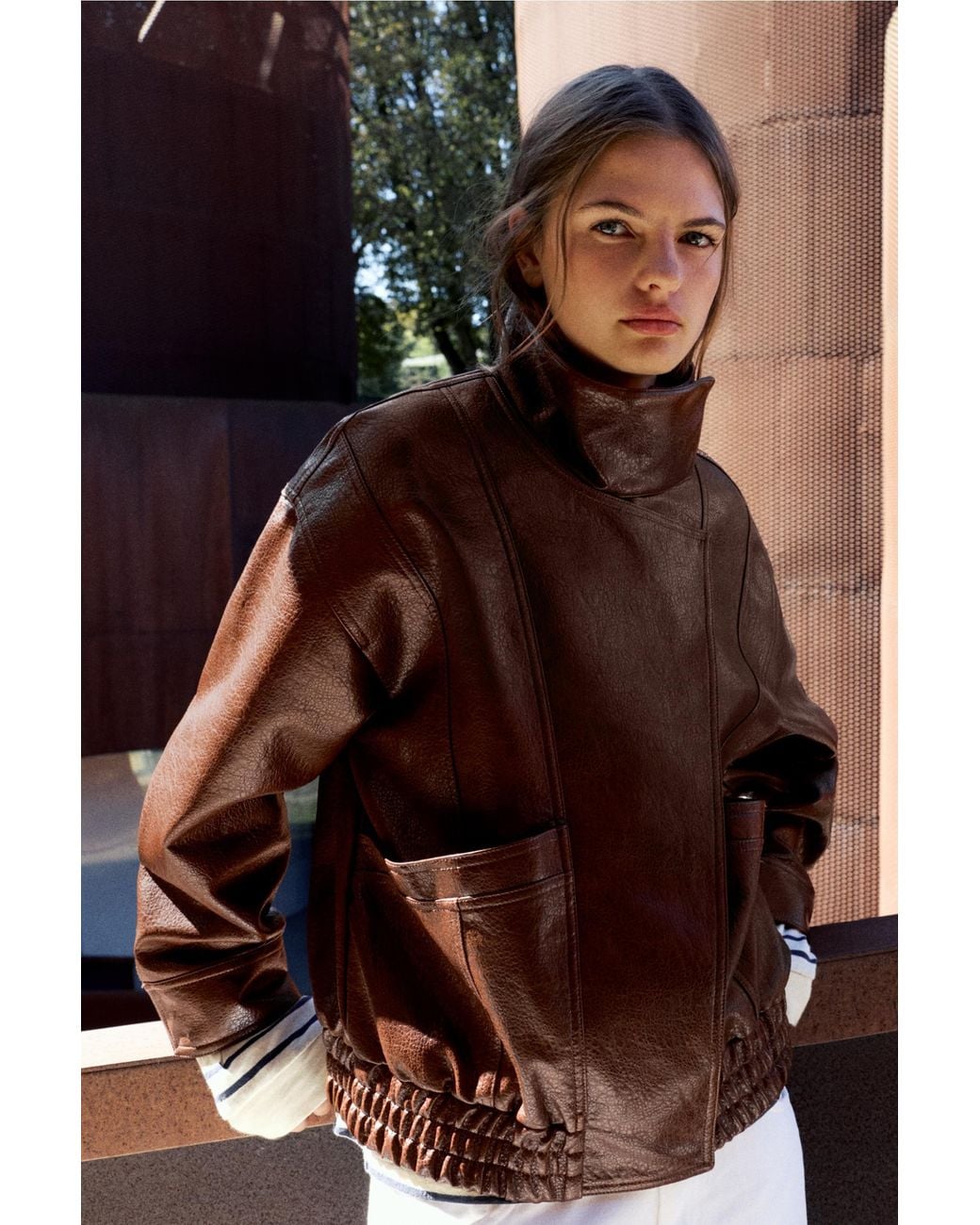 Pull&Bear Brown Leather Effect Jacket With High Neck