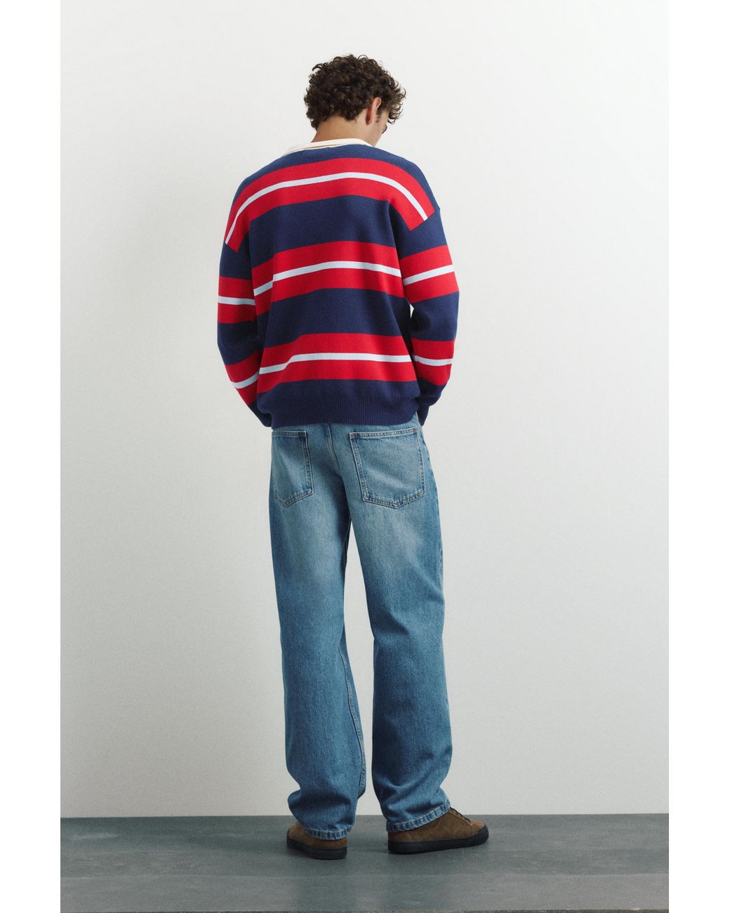 Pull&Bear White Striped Knit Polo Shirt for men