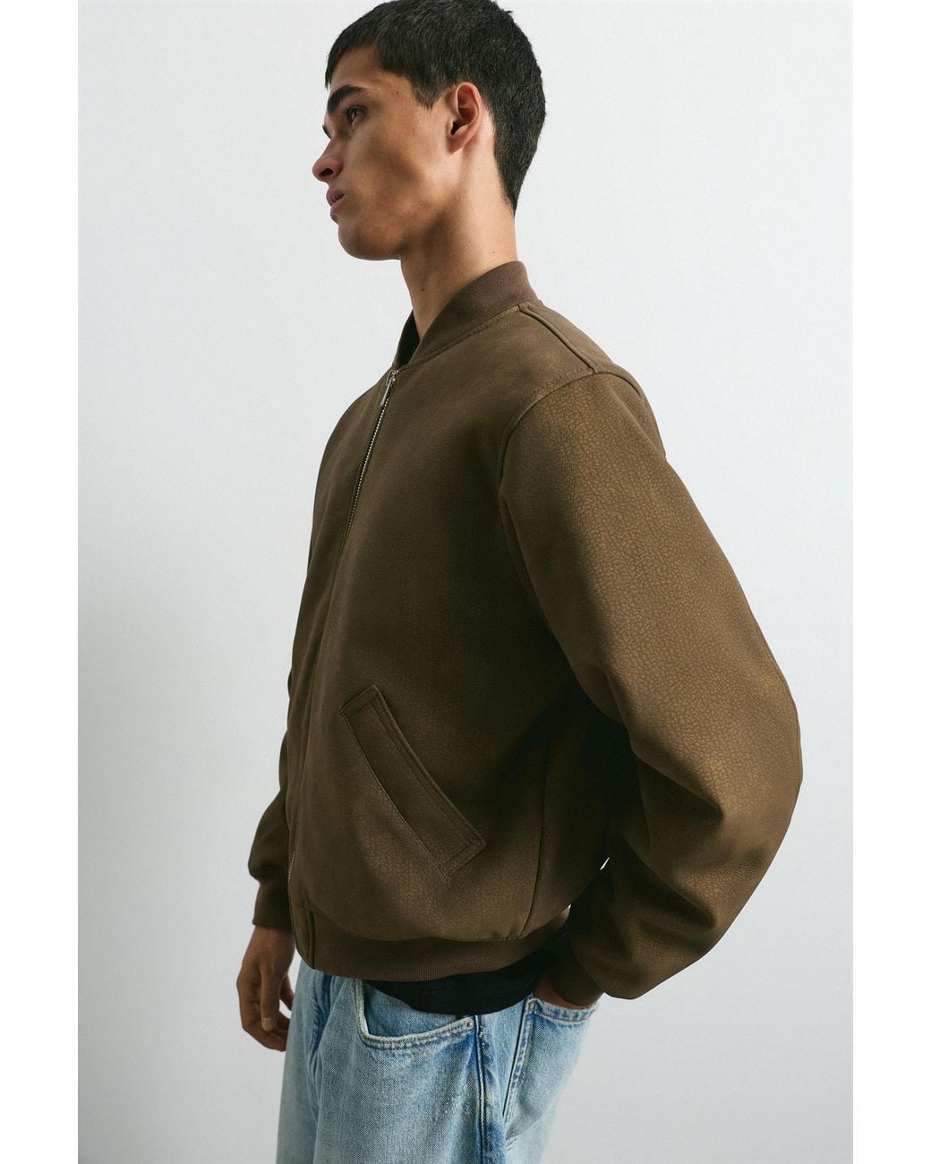Pull&Bear Green Leather Effect Bomber Jacket for men