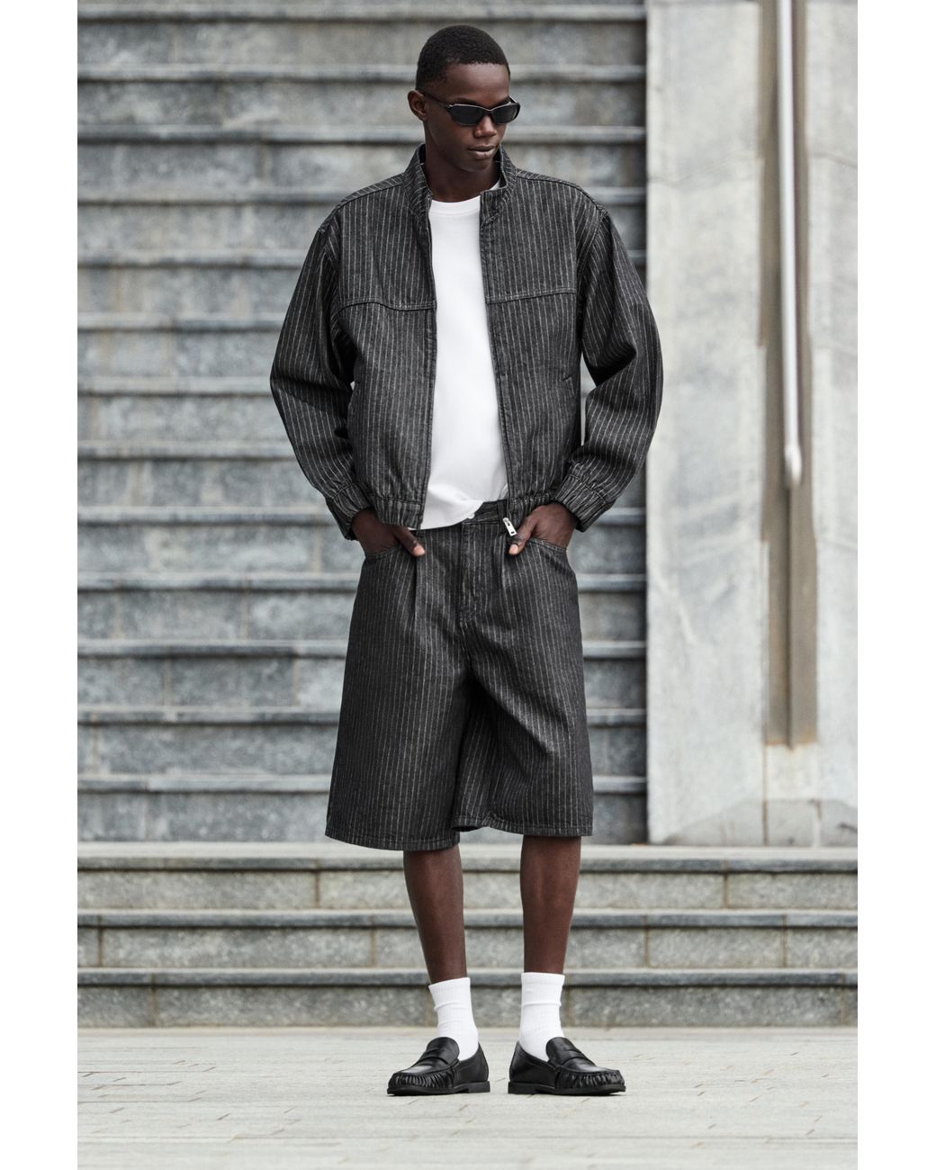 Pull&Bear Gray Pinstripe Skater Denim Bermuda Shorts for men