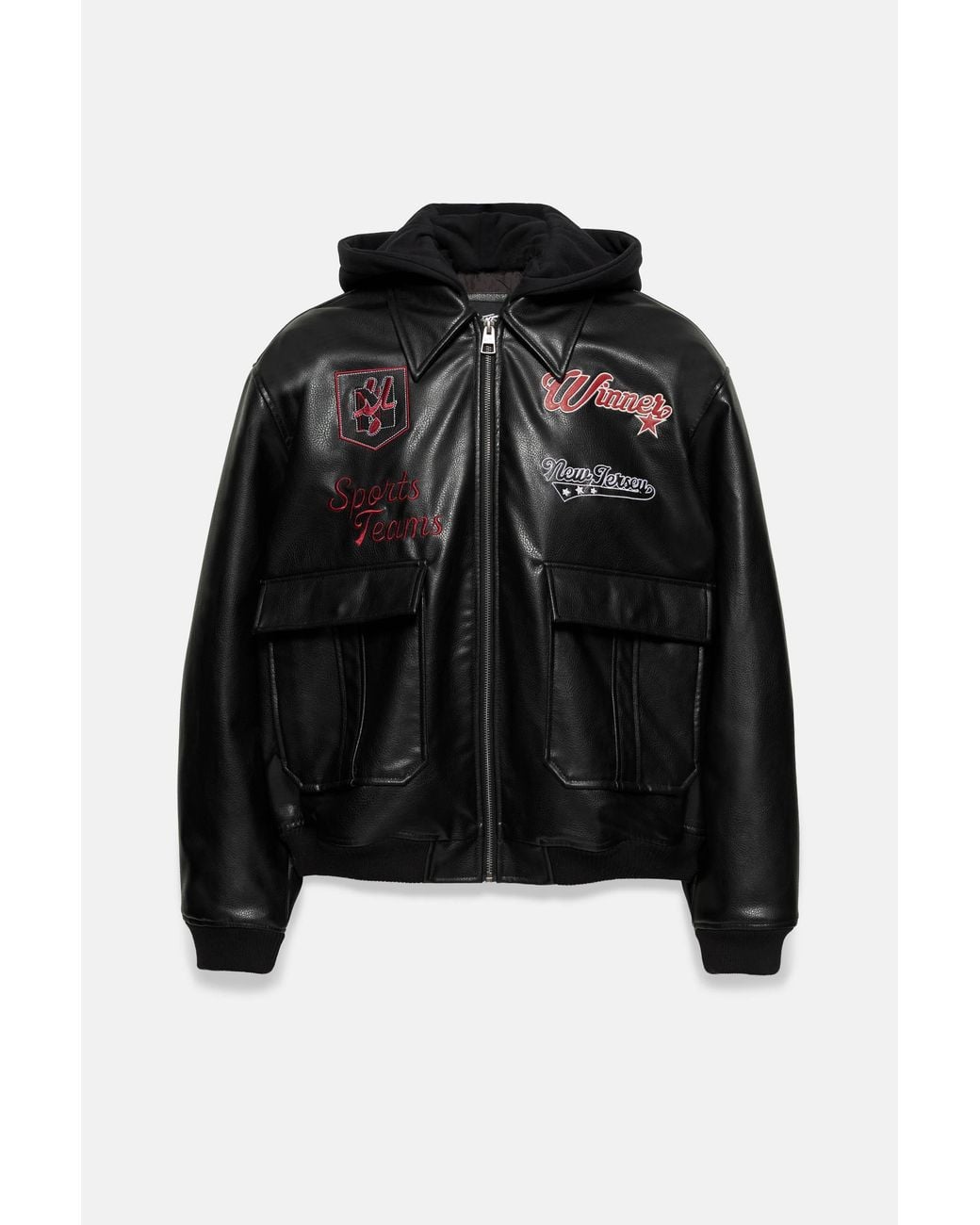 Pull&Bear Gray Combined Leather Effect Hooded Jacket for men