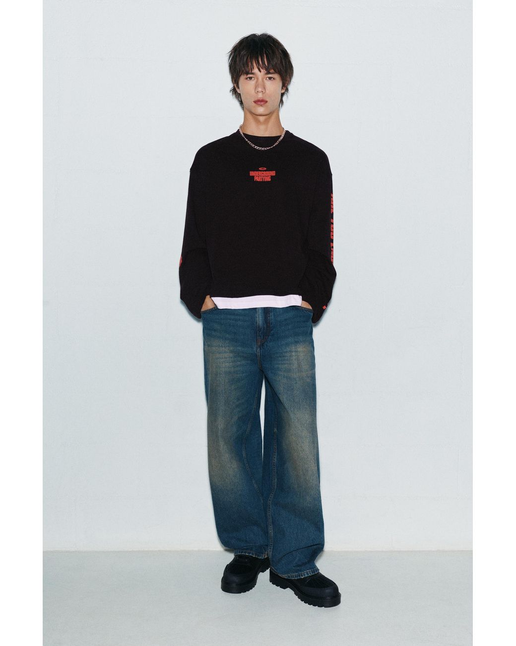 Pull&Bear Black Stwd Long Sleeve T-Shirt for men