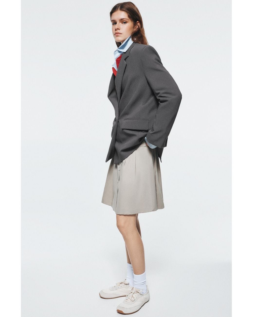 Pull&Bear Gray Double-Breasted Blazer