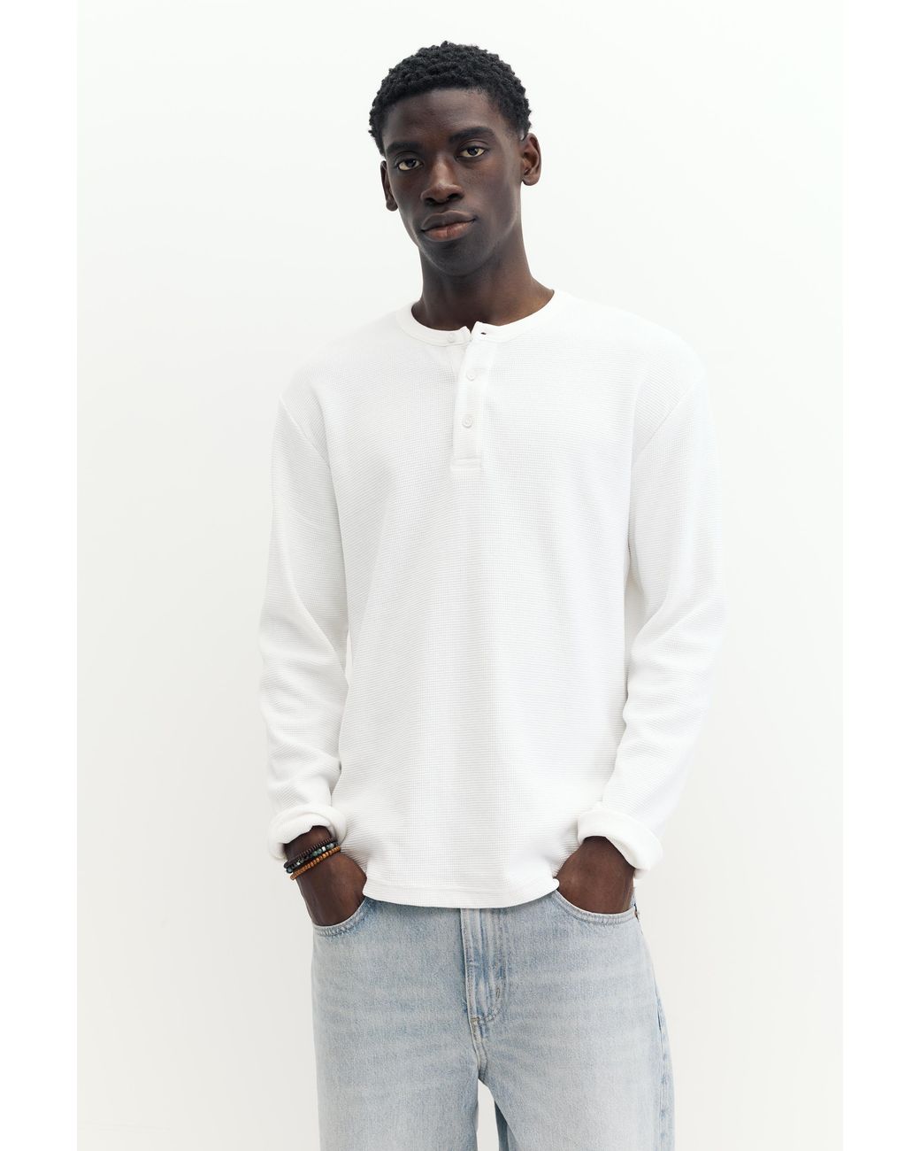 Pull&Bear Black Long Sleeve Henley T-Shirt for men