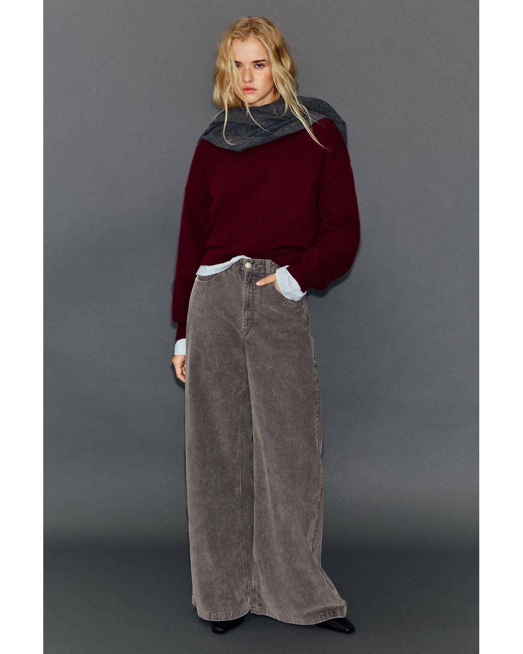 Pull&Bear Gray Corduroy Wide-Leg Jeans