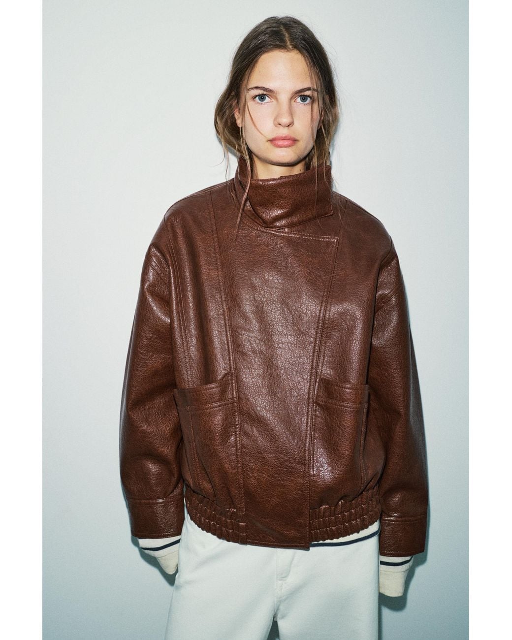 Pull&Bear Brown Leather Effect Jacket With High Neck