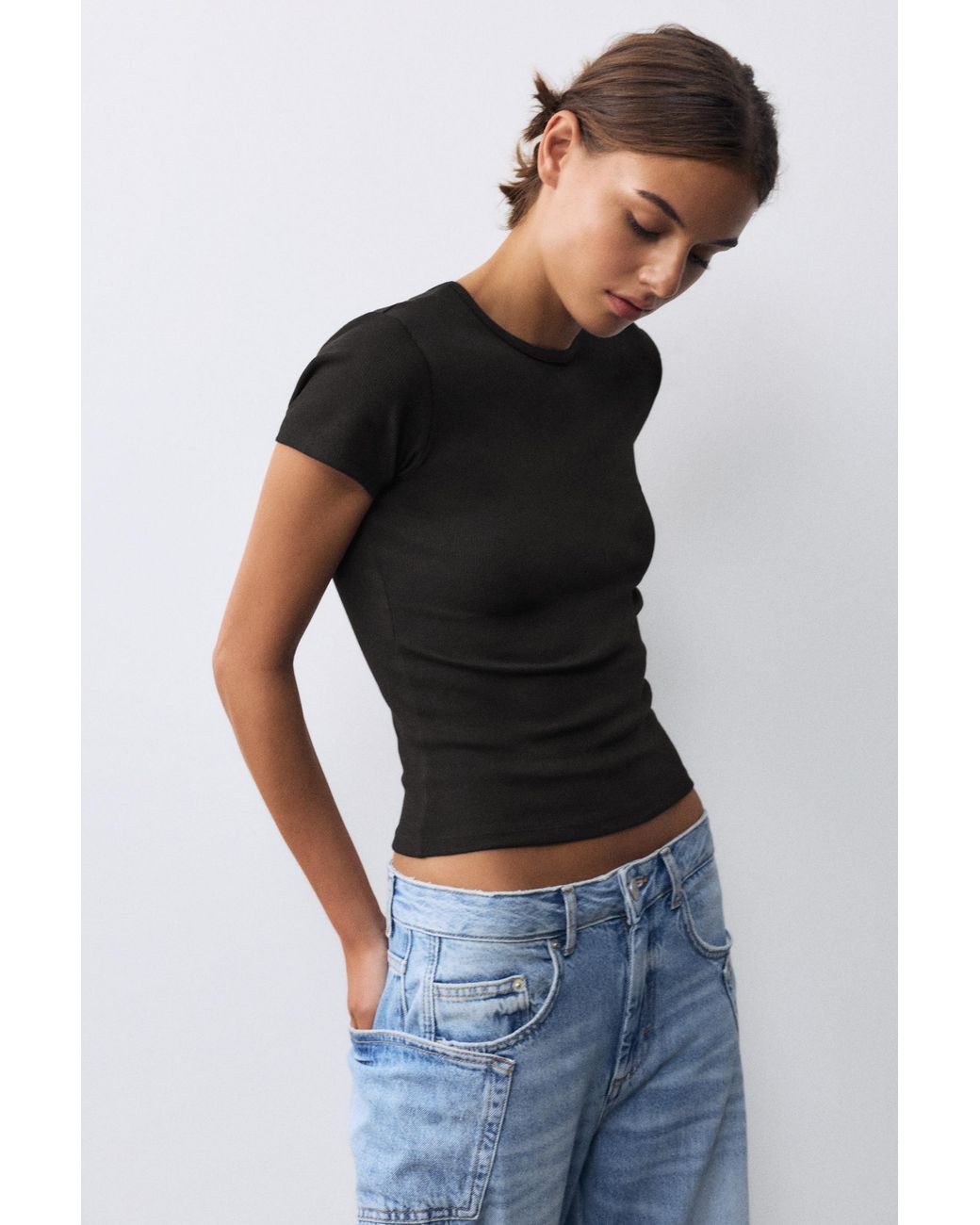 Pull&Bear Geribd T-Shirt Met Korte Mouw in het Black