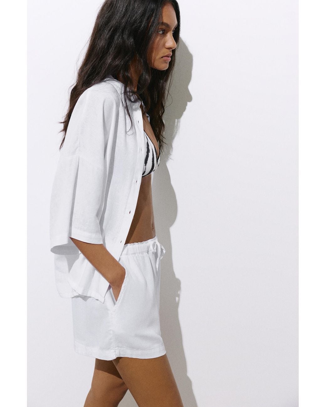 Pull&Bear White Short Sleeve Linen Blend Shirt