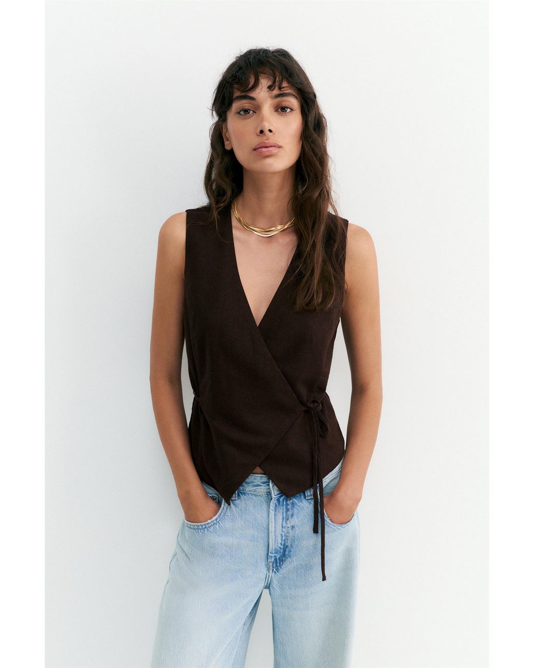 Pull&Bear Brown Rustic Linen-Blend Waistcoat