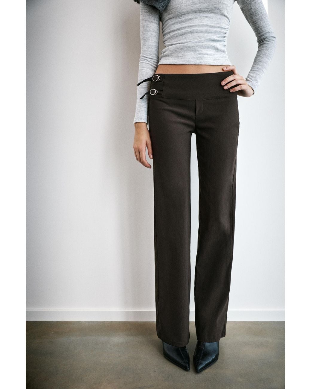Pull&Bear Gray Straight-Leg Double Buckle Trousers