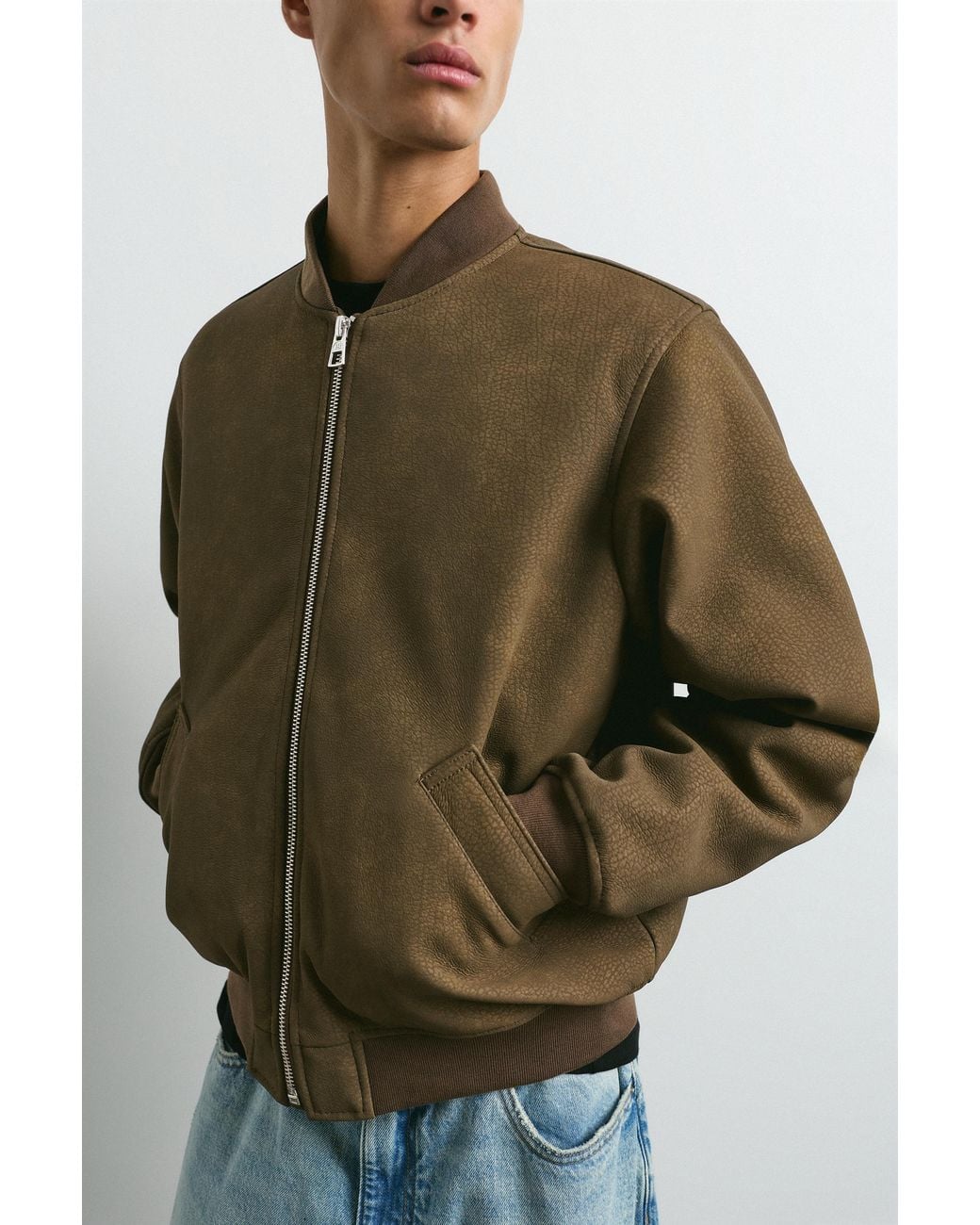 Pull&Bear Green Leather Effect Bomber Jacket for men
