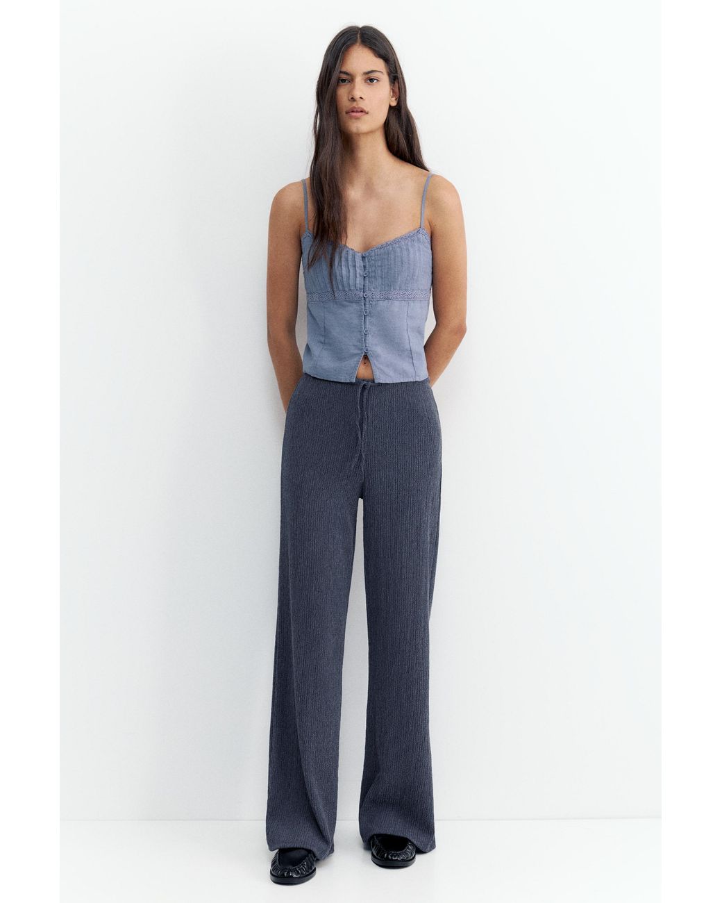 Pull&Bear Blue Wide-Leg Crepe Trousers