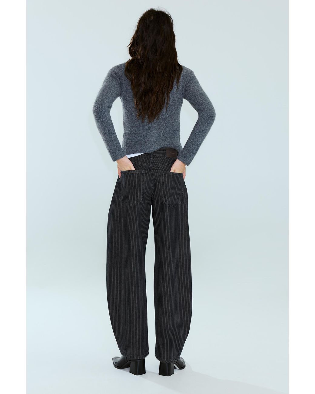 Pull&Bear Blue Striped Mid-Waist Barrel Jeans