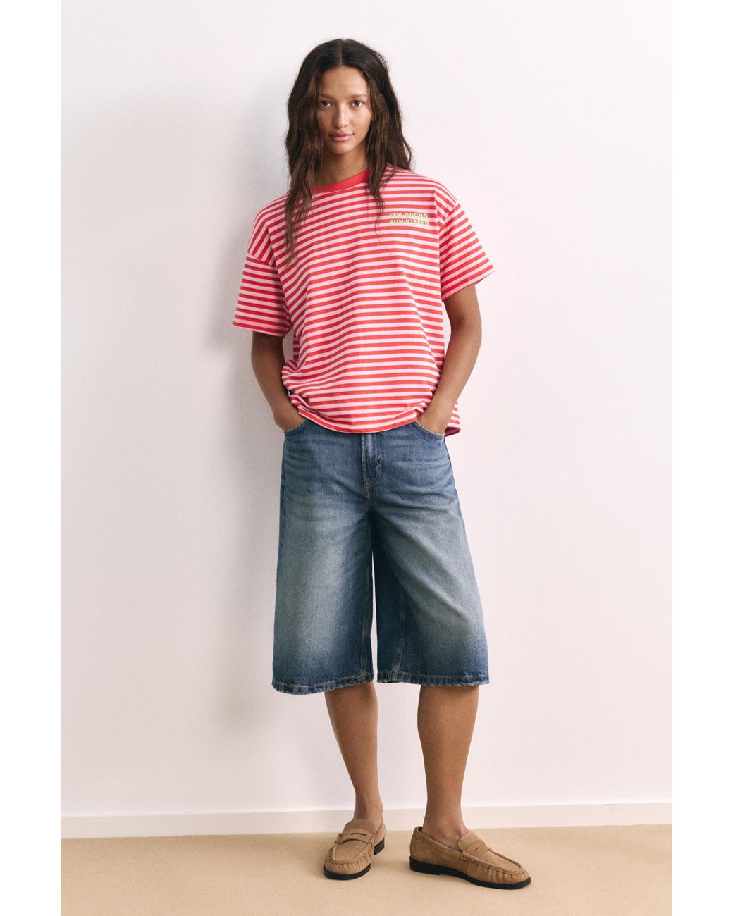 Pull&Bear Red Striped Text T-Shirt