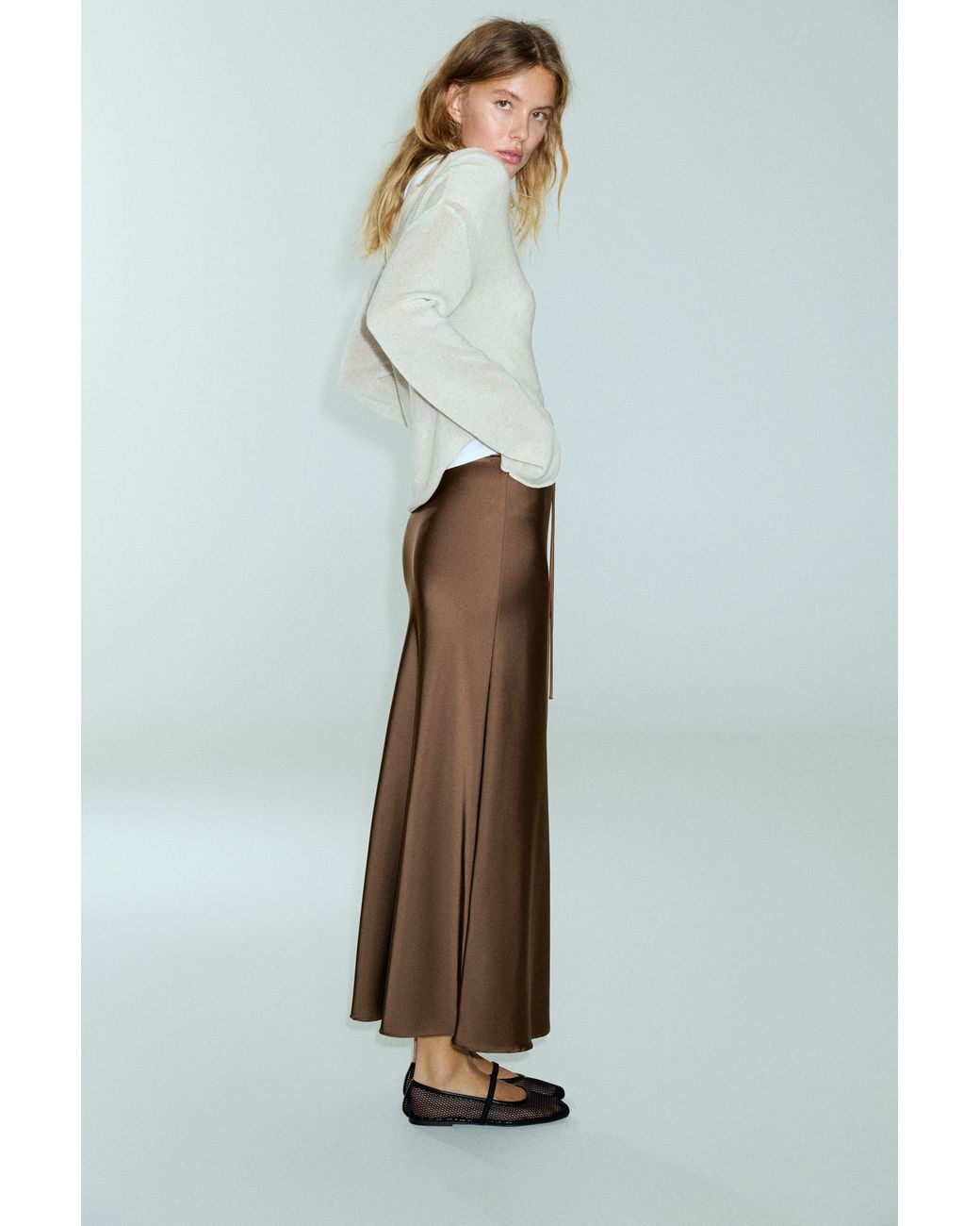 Pull&Bear Blue Satin Drawstring Midi Skirt