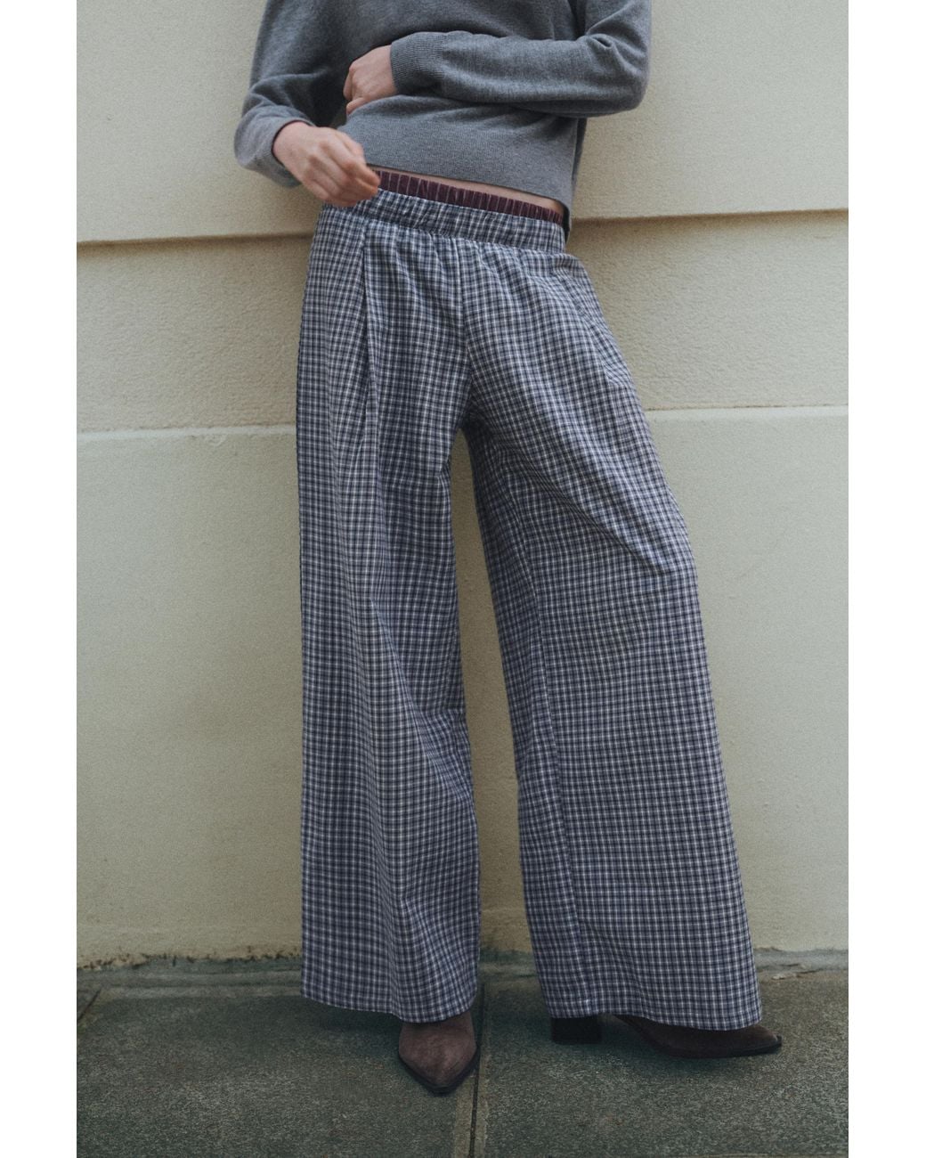 Pull&Bear Gray Combined Check Flowing Trousers