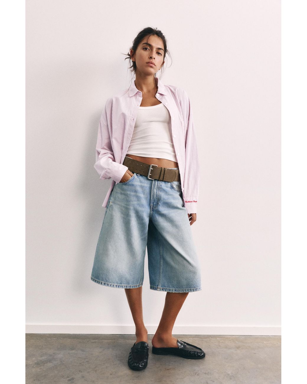 Pull&Bear Pink Embroidered Striped Shirt