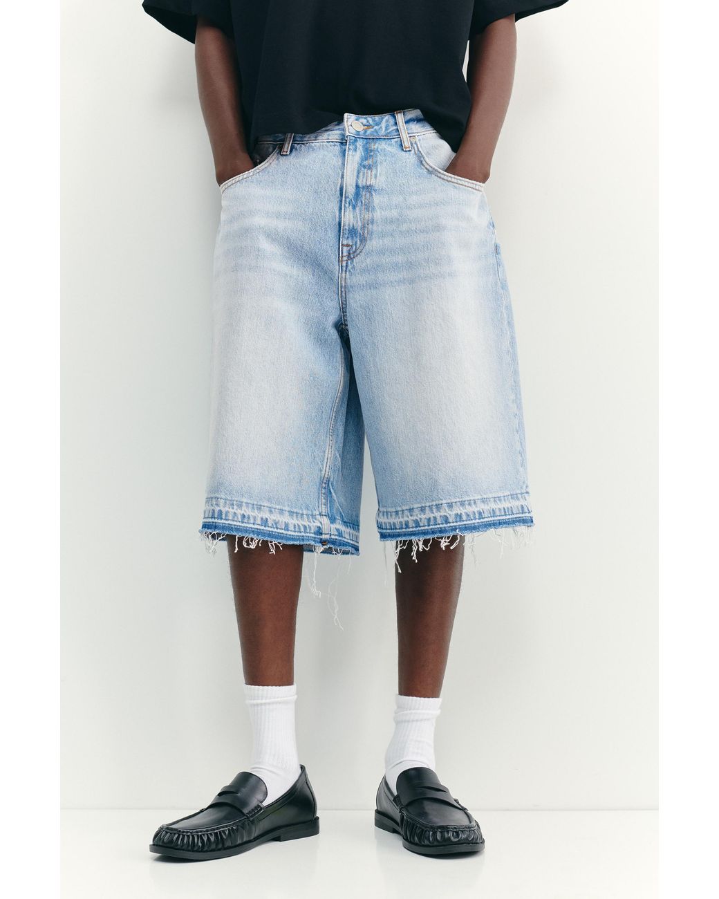 Pull&Bear Blue Raw Hem Skater Bermuda Shorts for men