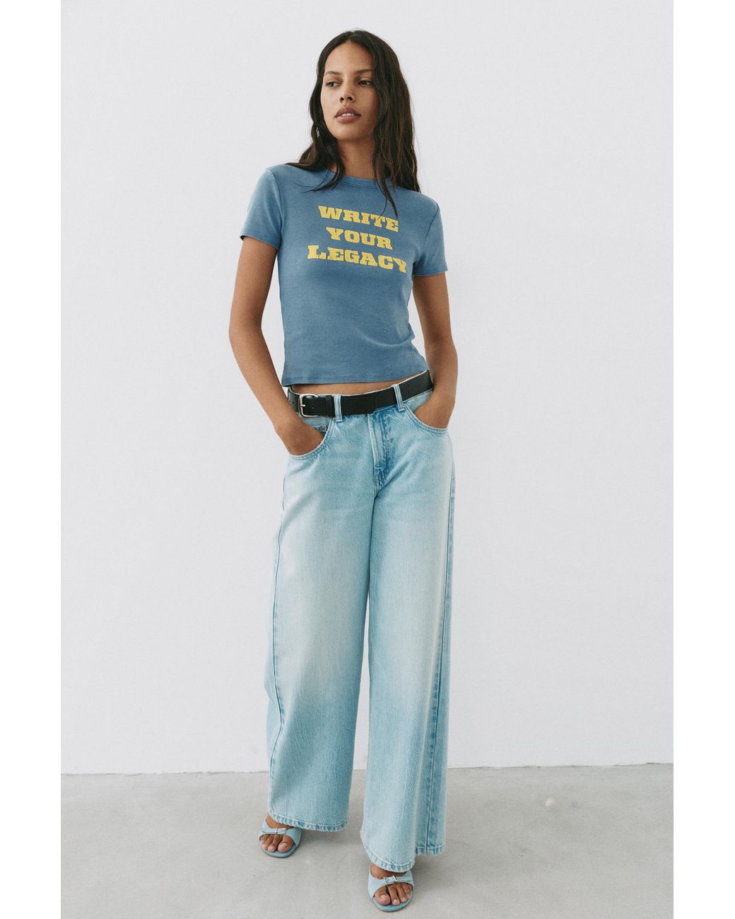 Pull&Bear Blue Regular Fit Crackled Graphic T-Shirt