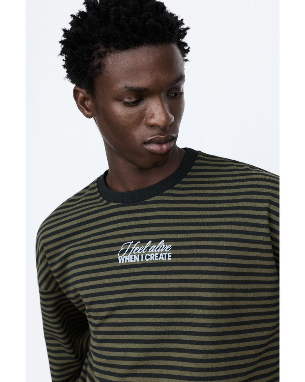 Pull&Bear Gray Striped T-Shirt With Text for men