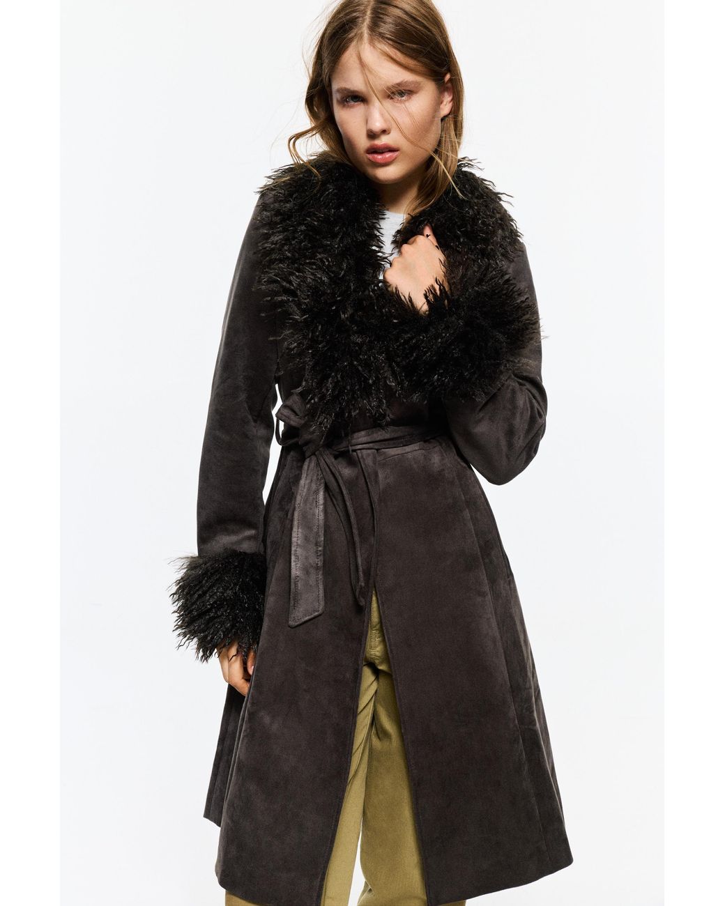 Pull&Bear Black Fitted Faux Suede Coat