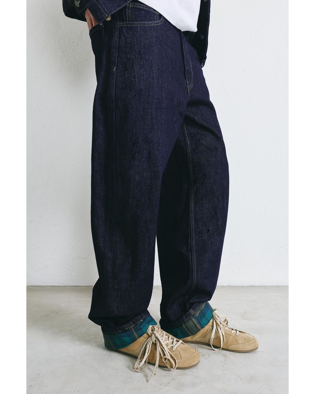 Pull&Bear Blue Checked Turn-Up Hem Jeans for men