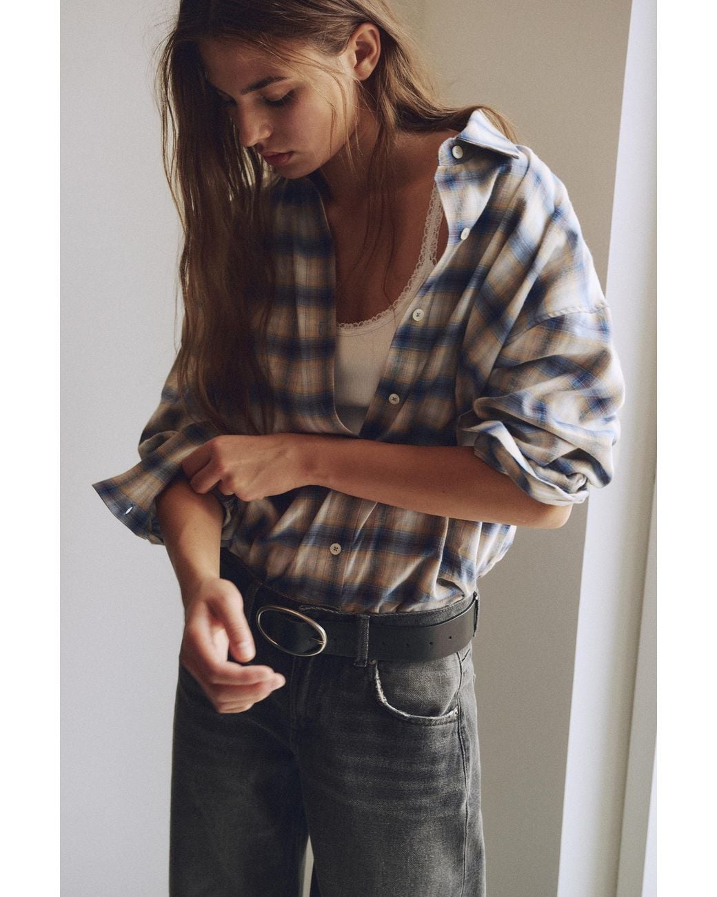 Pull&Bear Gray Check Long Sleeve Shirt