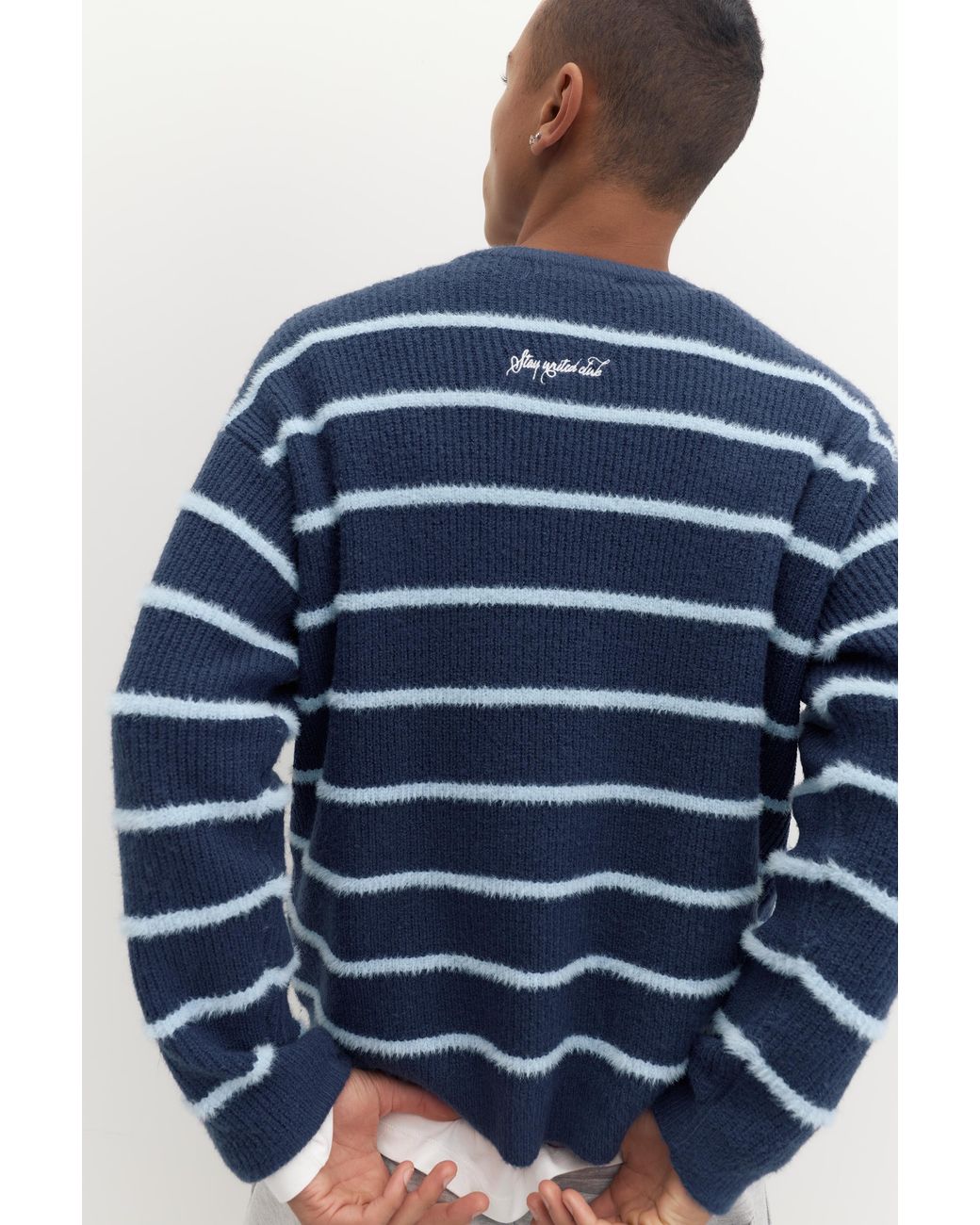 Pull&Bear Blue Embroidered Striped Jumper for men