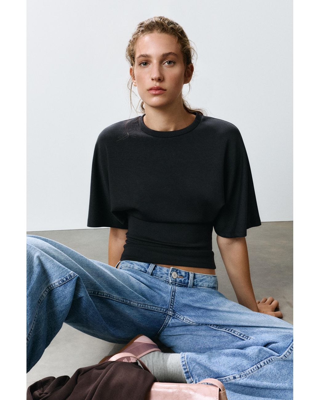 Pull&Bear Black Modal Batwing Sleeve T-Shirt