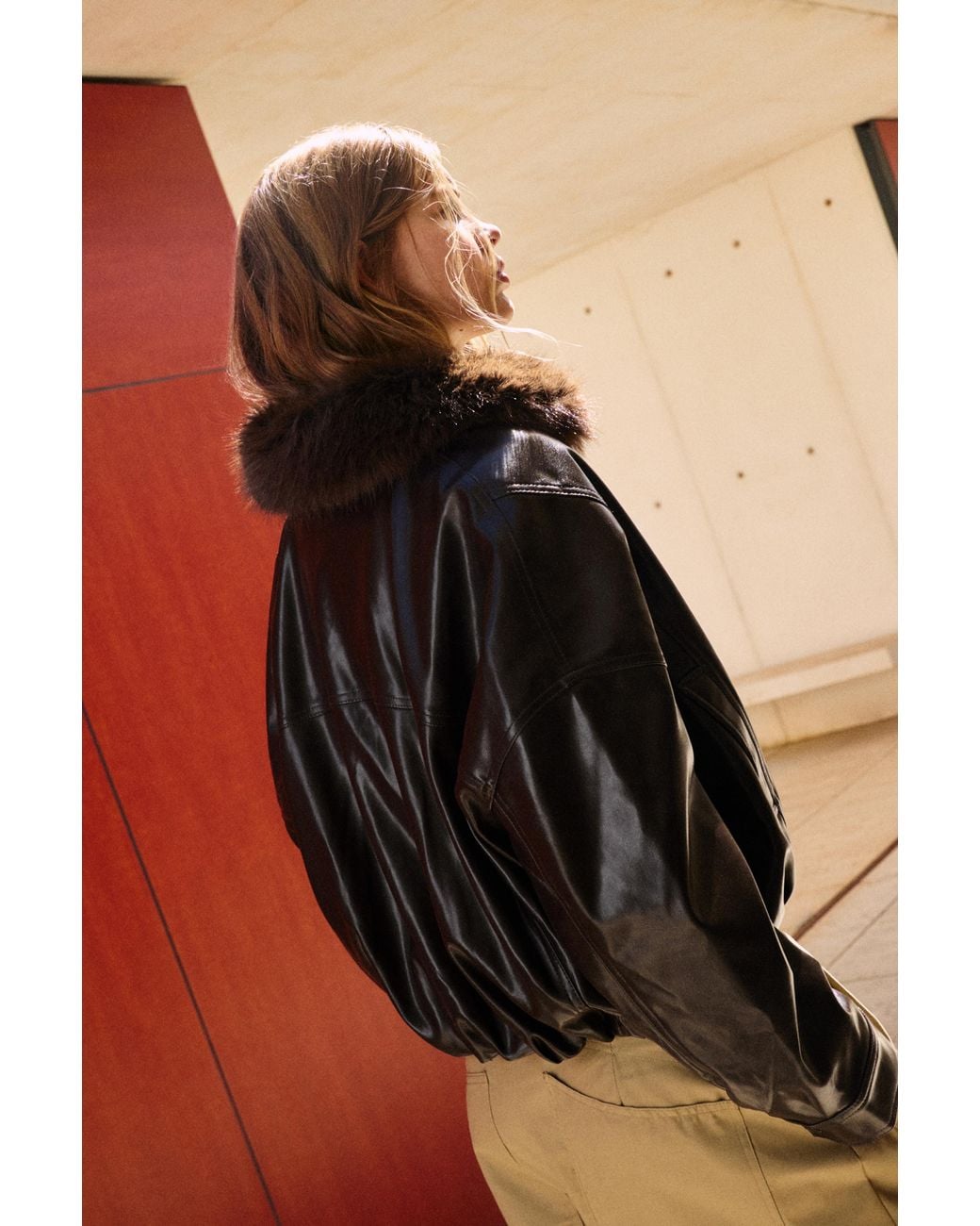 Pull&Bear Black Leather Effect Jacket With Fur Collar
