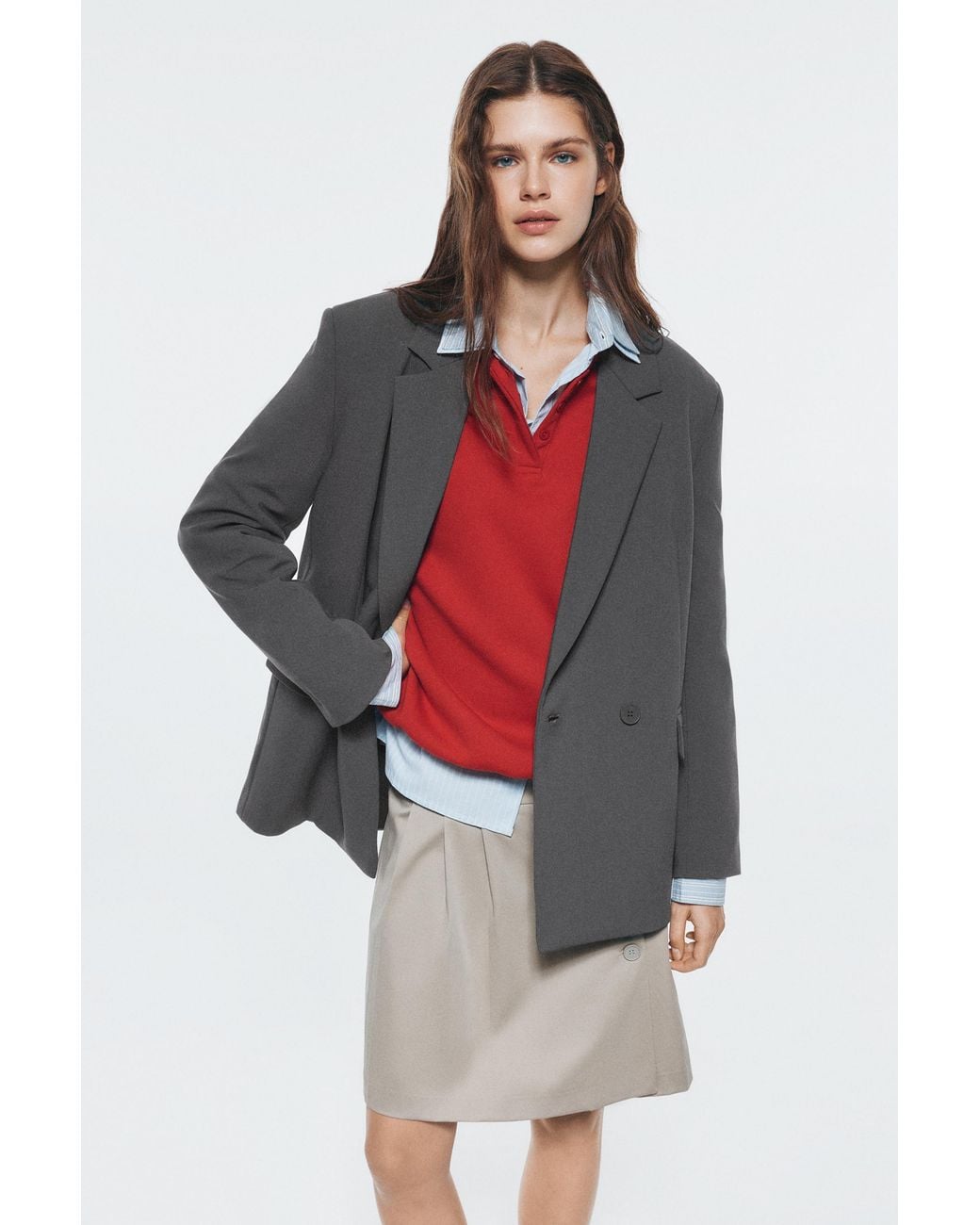Pull&Bear Gray Double-Breasted Blazer