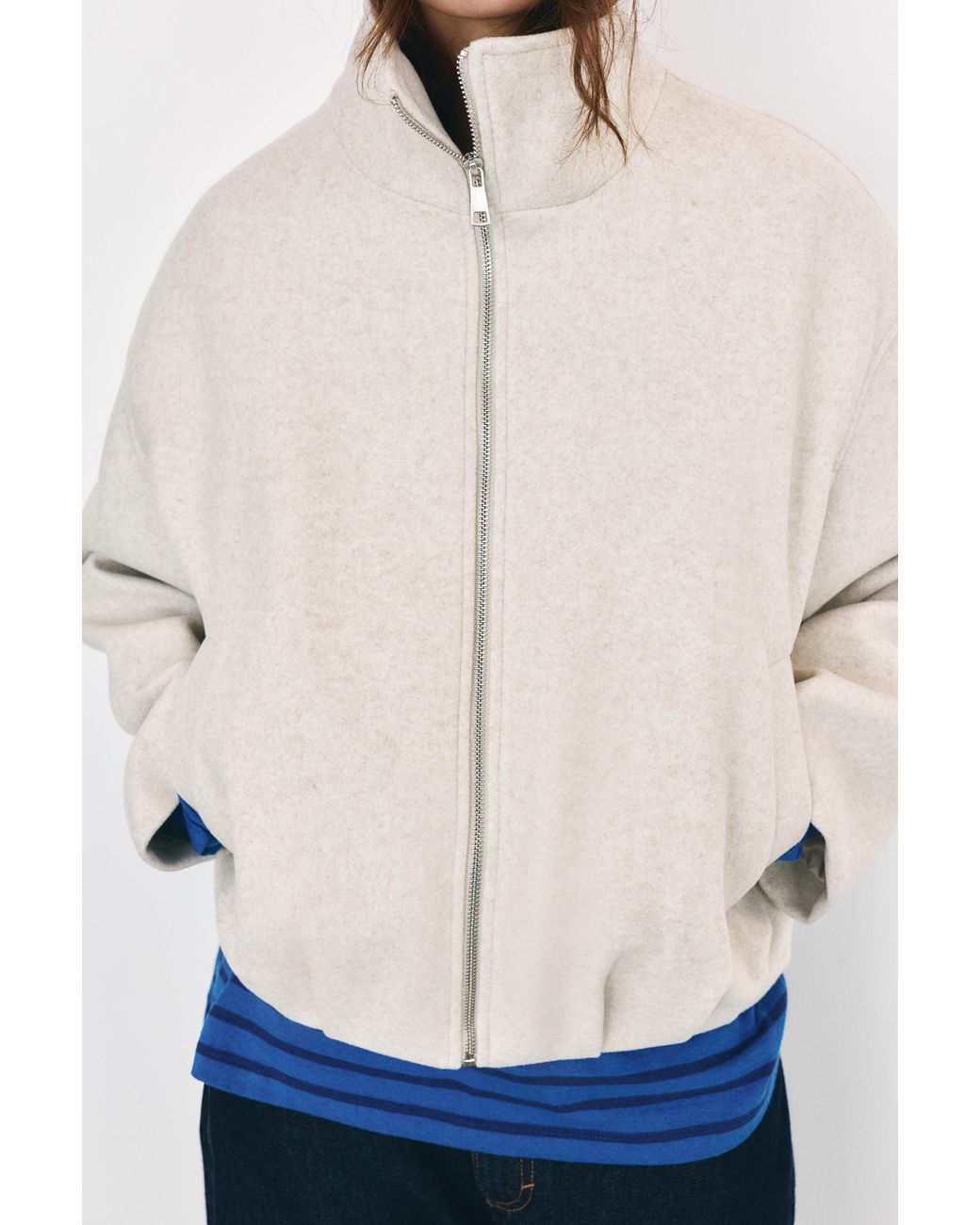 Pull&Bear White Wool-Blend Balloon Bomber Jacket
