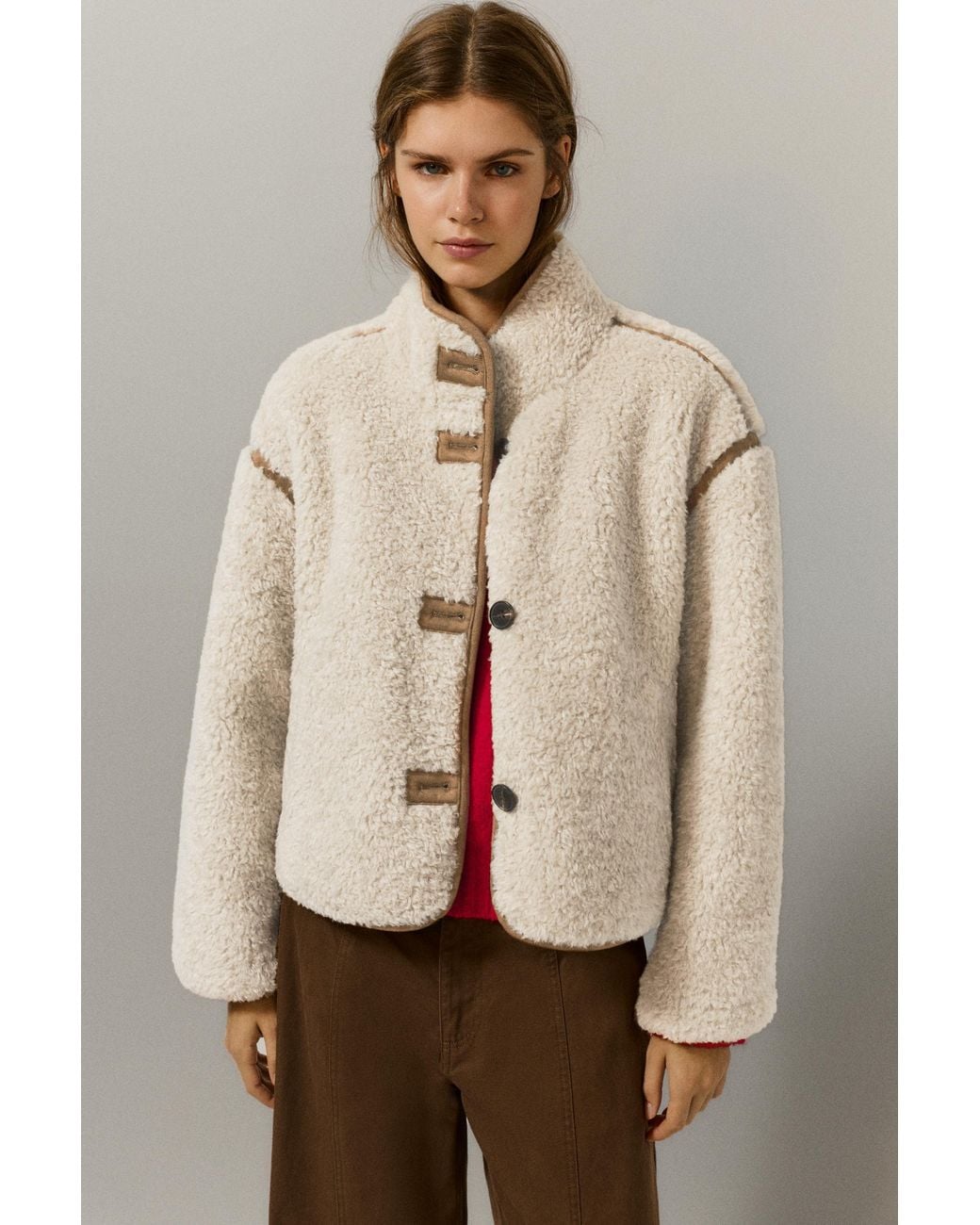 Pull&Bear Natural Faux Shearling Jacket With A High Neck