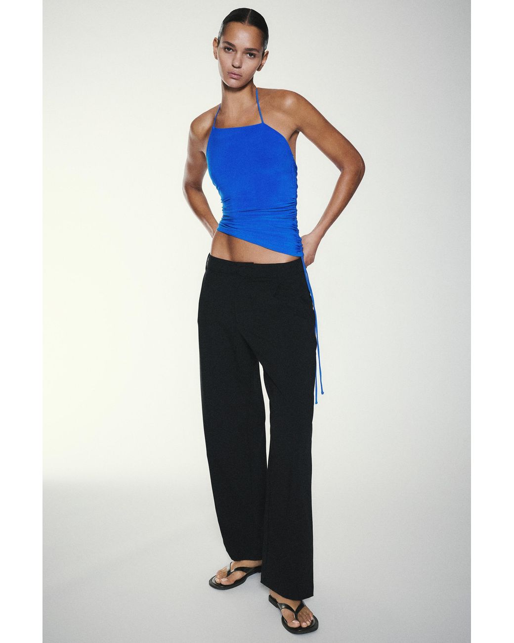 Pull&Bear Blue Asymmetric Halter Top With Gathered Detail