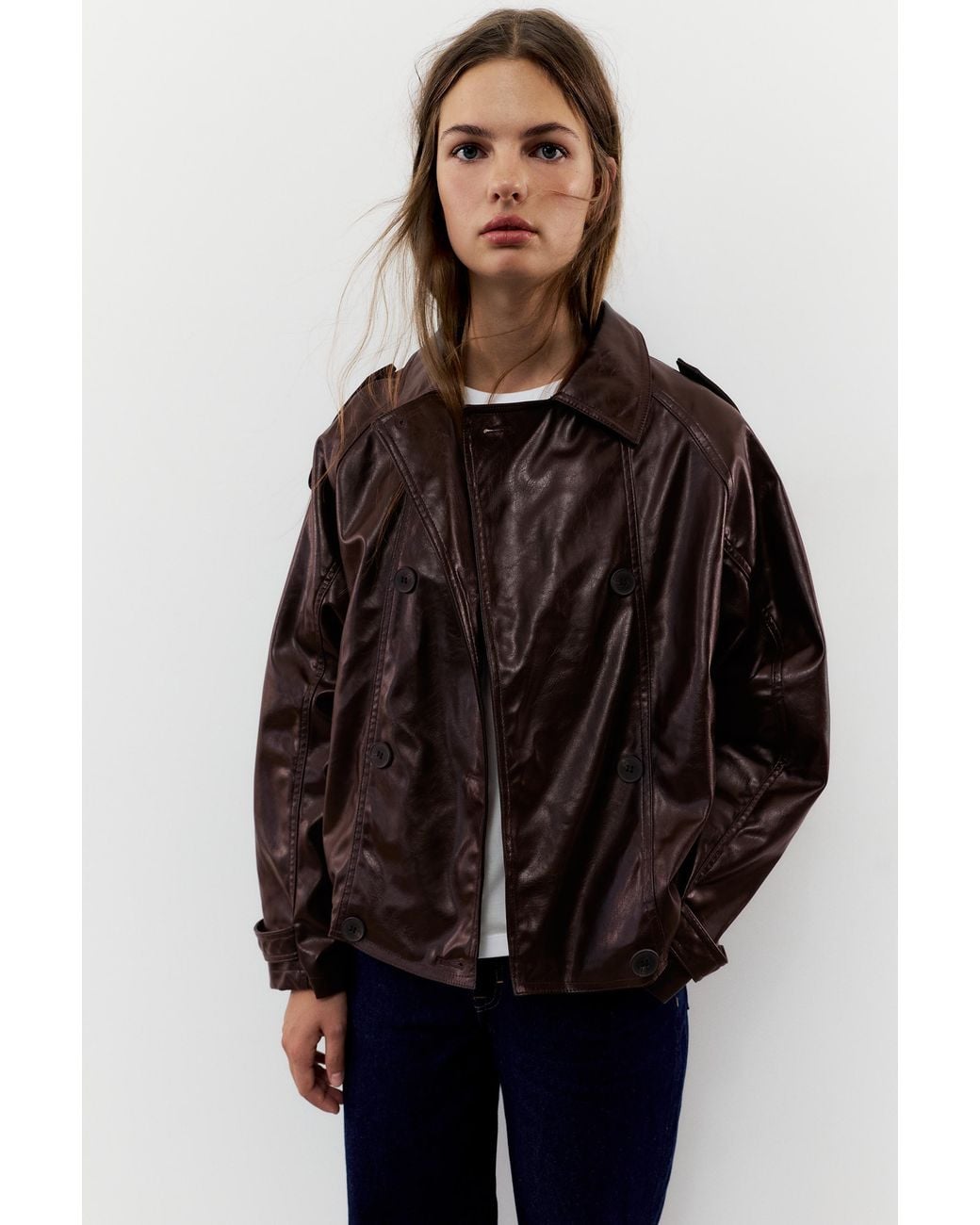Pull&Bear Brown Short Leather Effect Trench Coat