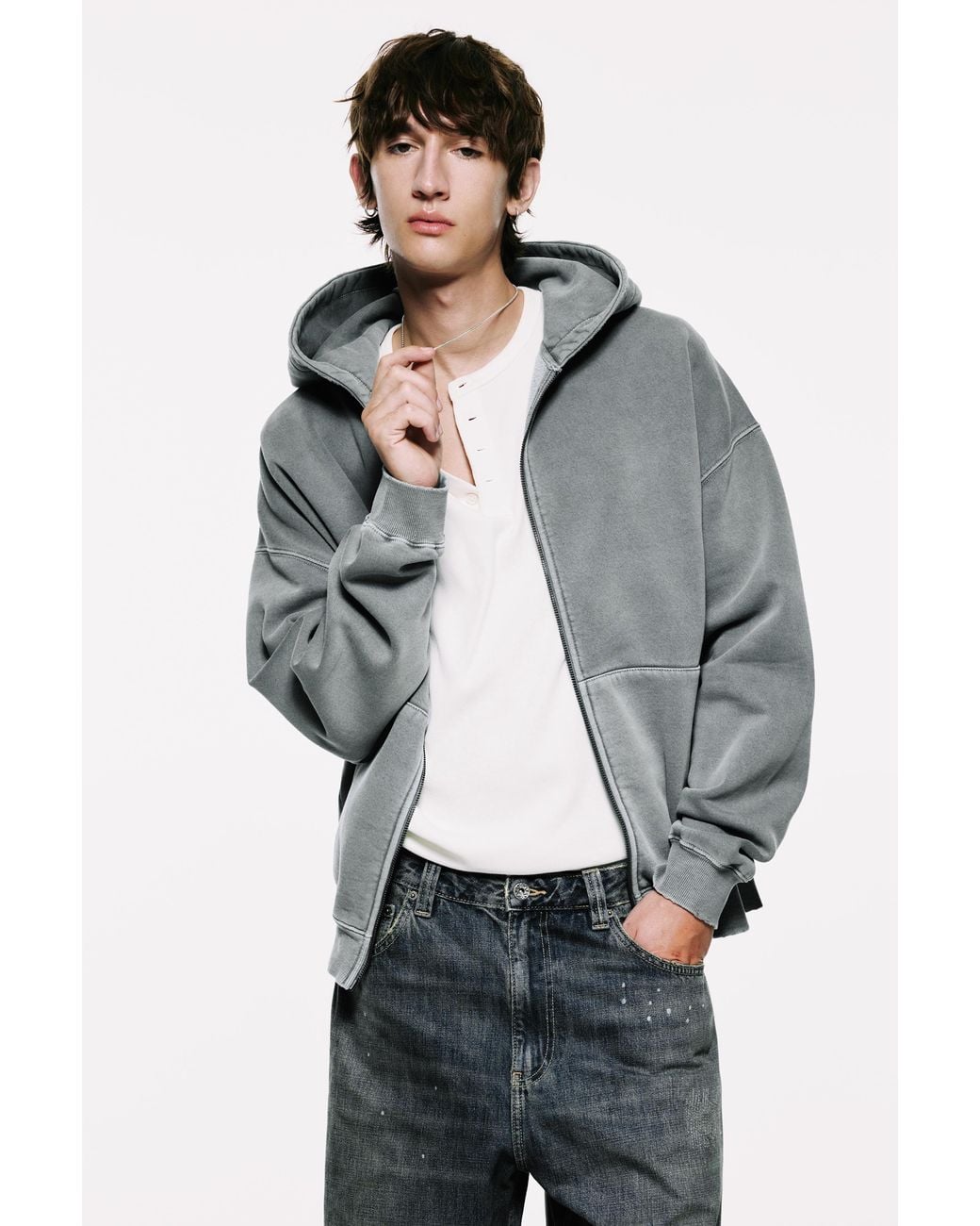 Pull&Bear Gray Stwd Hood Zip-Up Sweatshirt for men
