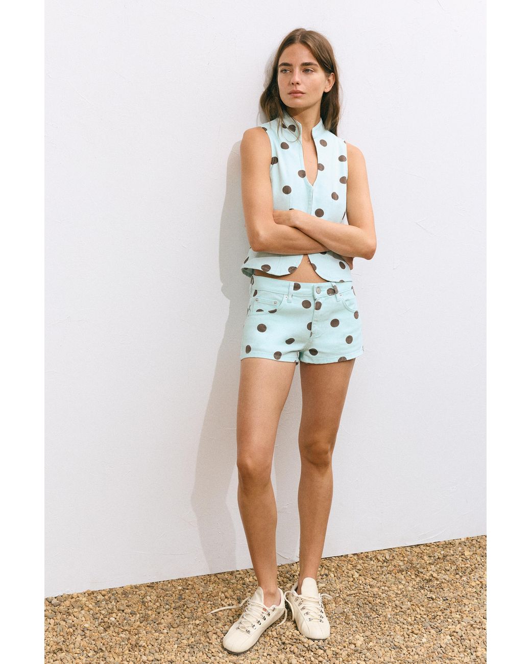 Pull&Bear Green Polka Dot Denim Mini Shorts