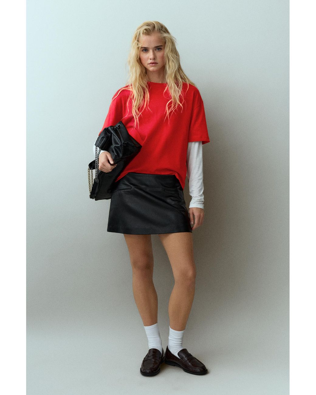 Pull&Bear Red Double-Sleeve T-Shirt