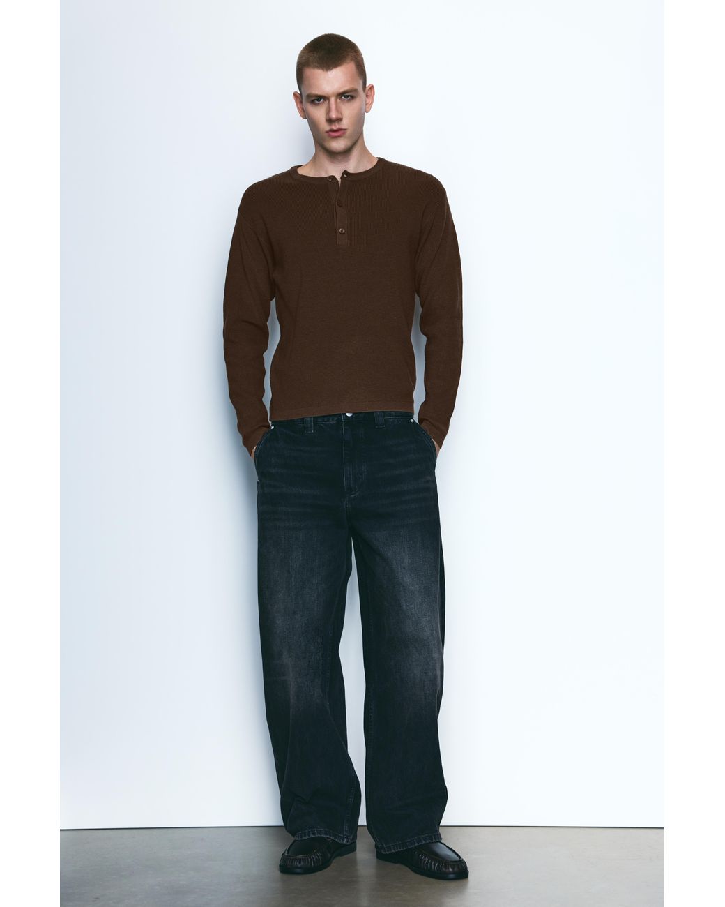 Pull&Bear Brown Henley Collar Jumper for men