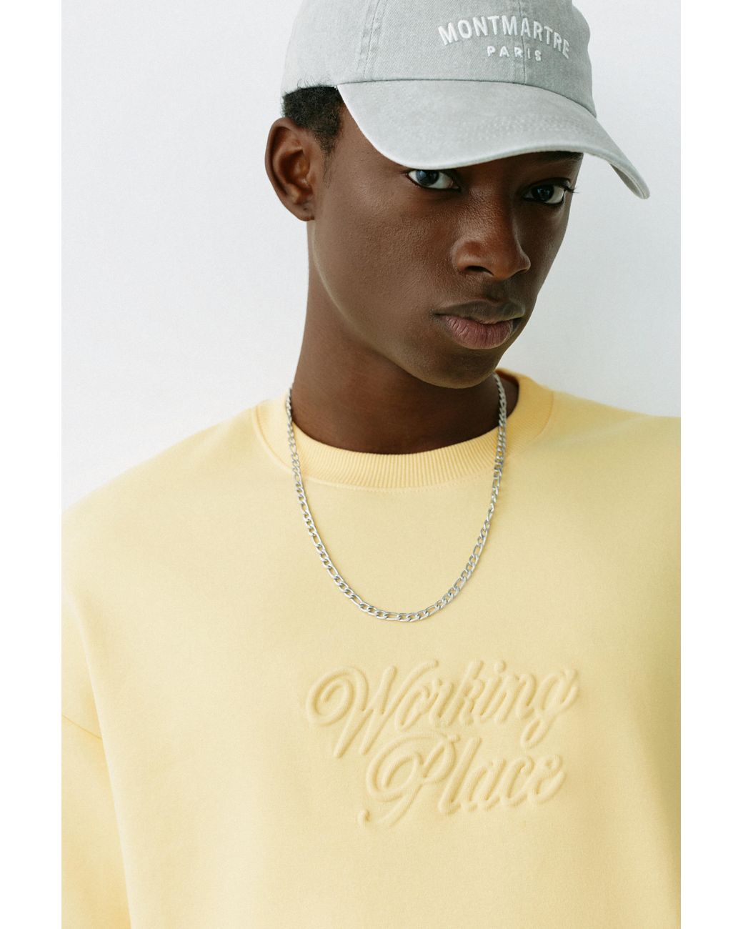 Pull&Bear Yellow Short Sleeve Sweatshirt With Raised Slogan for men