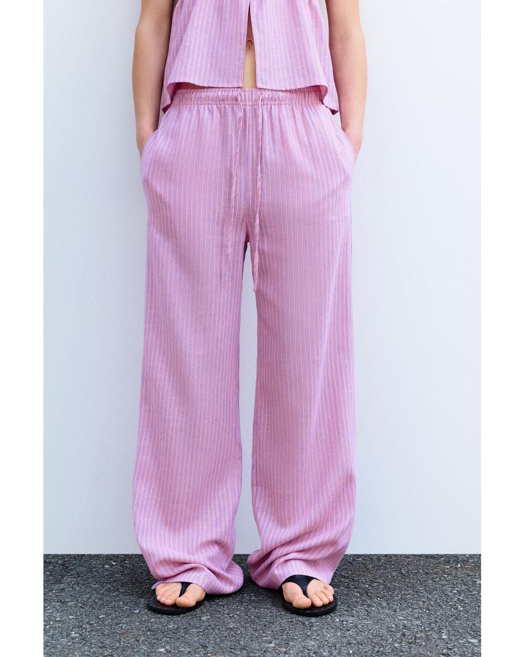 Pull&Bear White Striped Pyjama-Style Trousers With Linen
