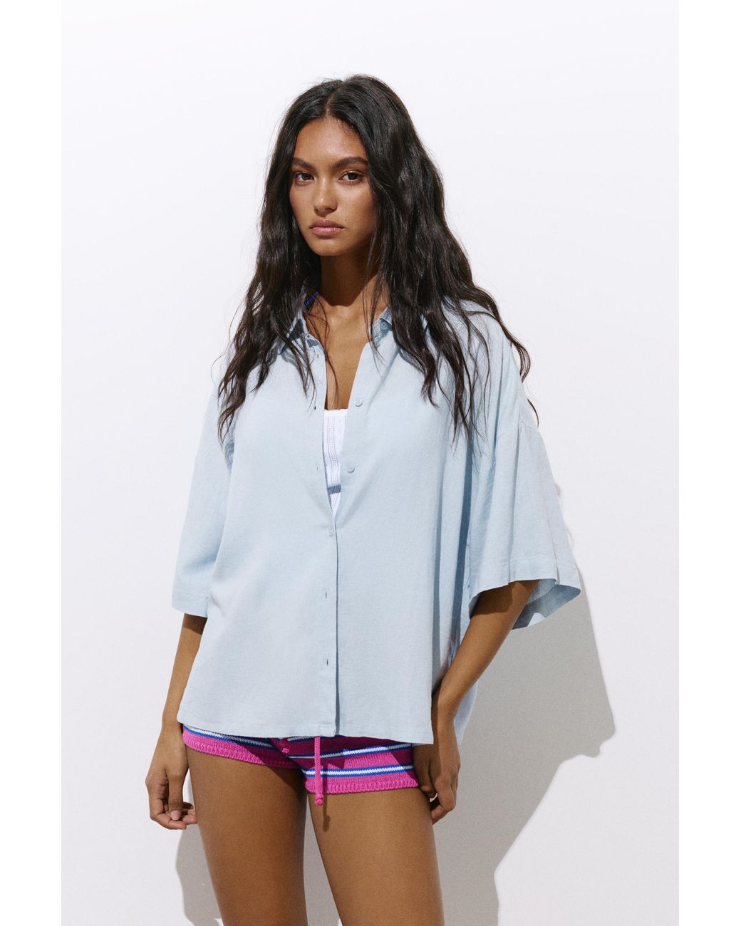 Pull&Bear Blue Short Sleeve Linen Blend Shirt