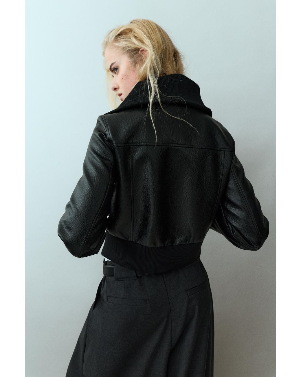Pull&Bear Blue Leather-Effect Ribbed Jacket