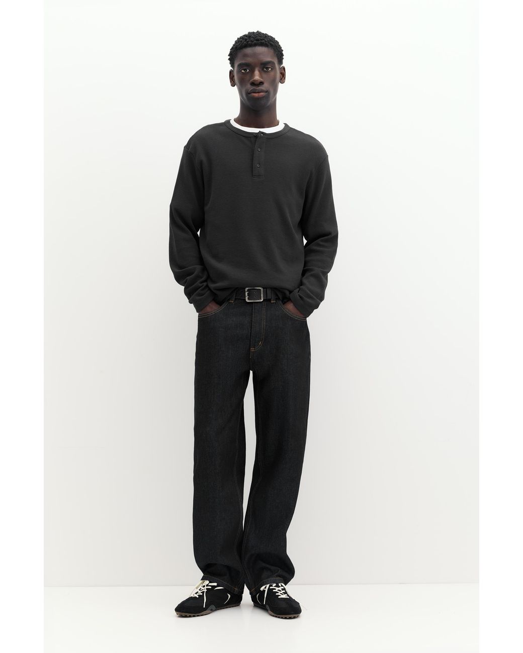 Pull&Bear Black Long Sleeve Henley T-Shirt for men