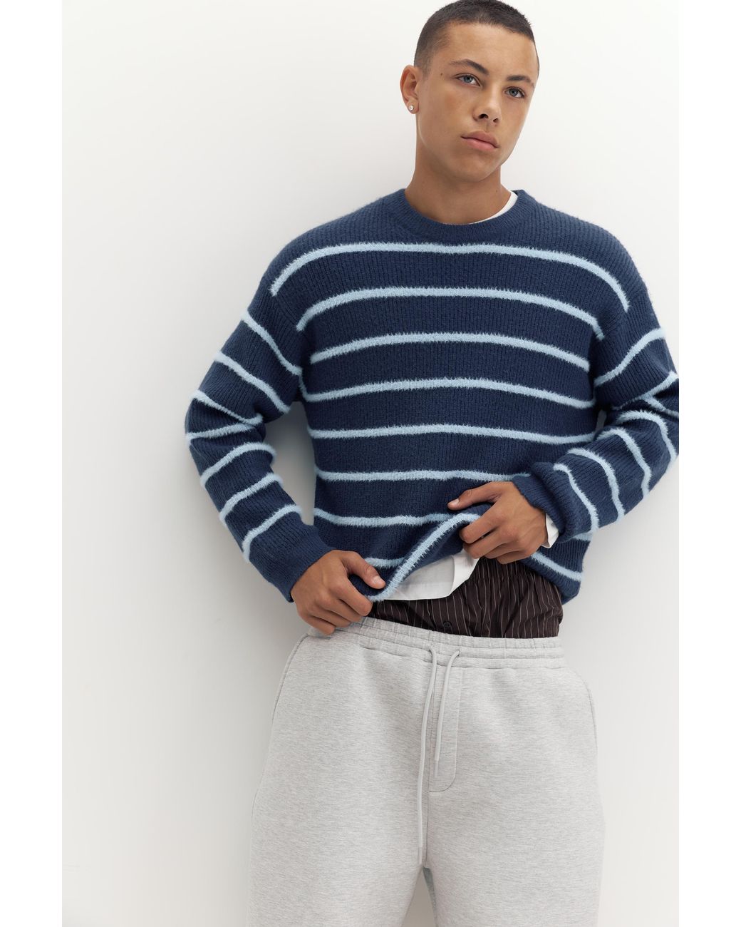 Pull&Bear Blue Embroidered Striped Jumper for men
