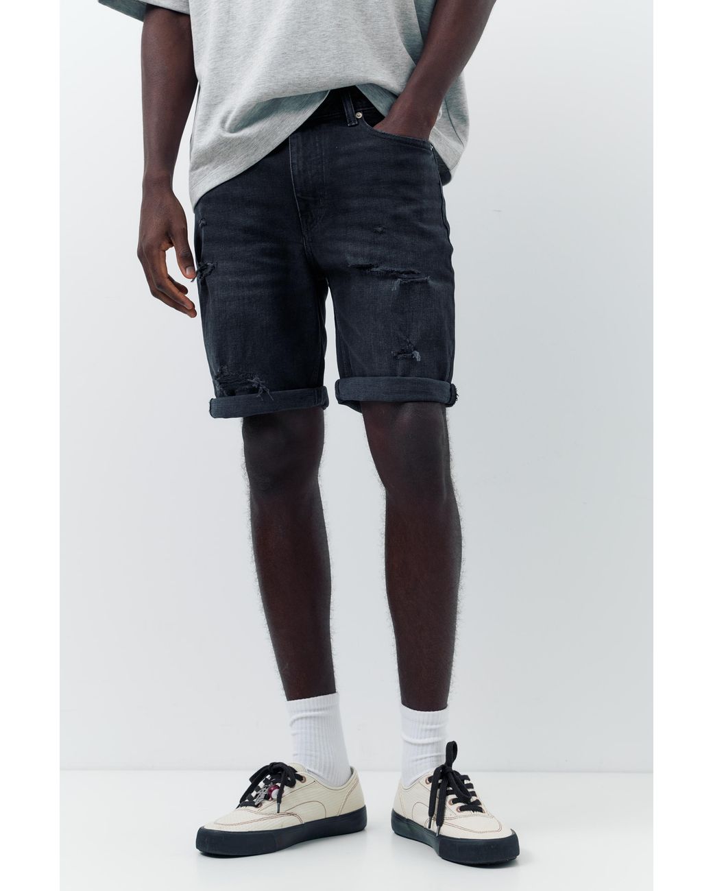 Pull&Bear Gray Ripped Denim Bermuda Shorts for men