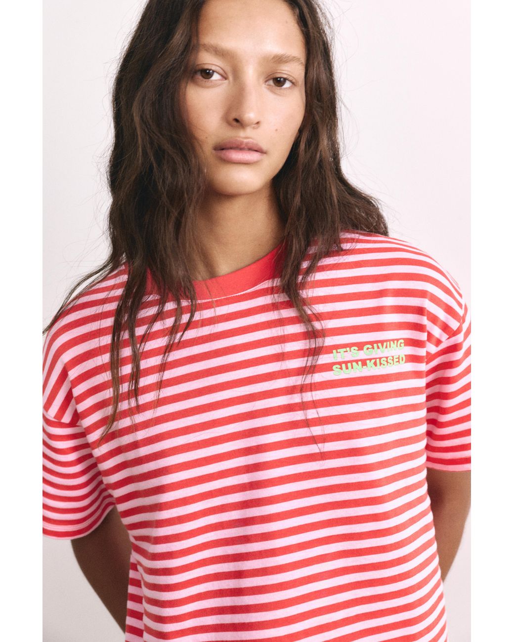 Pull&Bear Red Striped Text T-Shirt