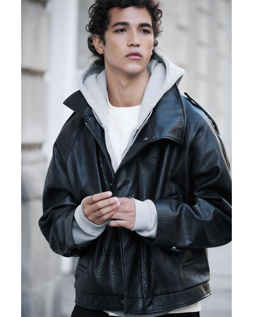 Pull&Bear Gray Textured Leather Effect Jacket for men