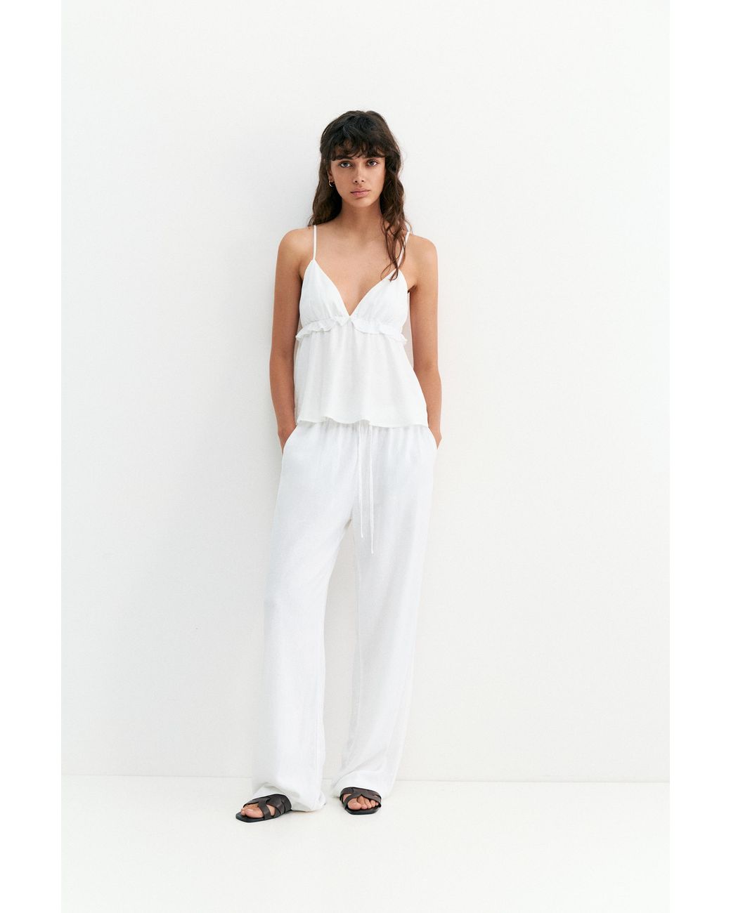 Pull&Bear White Flowy Trousers With Linen